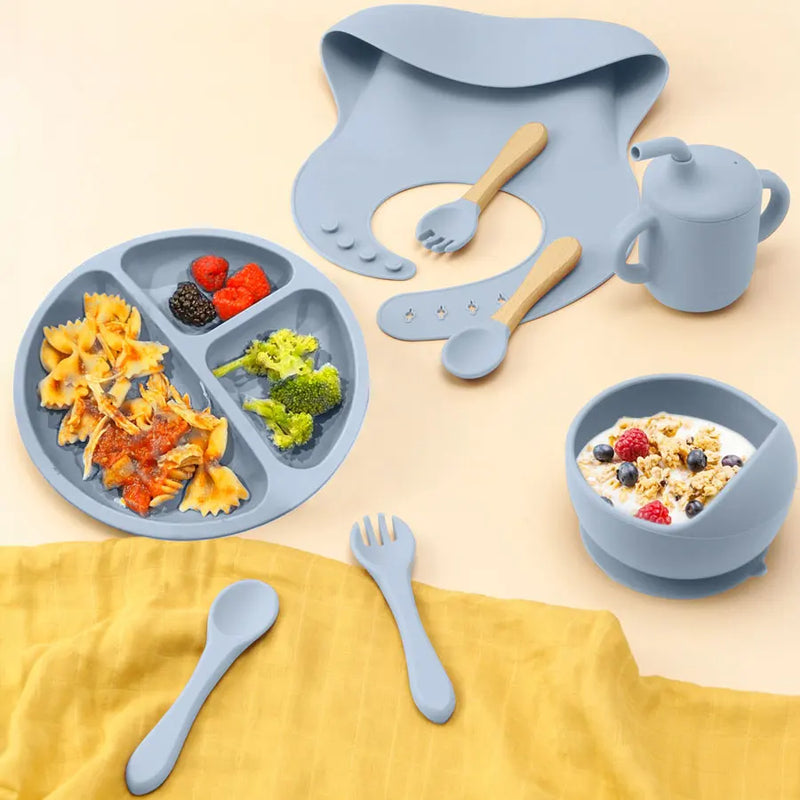 Kit 8 Alimentação Bebê Babador Prato Tigela Copinho Silicone